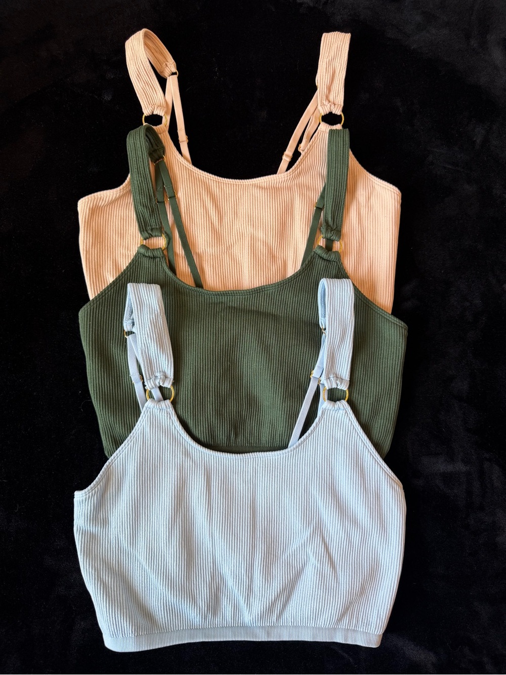 3 aerie Ribbed Tank Bralettes in green, cream & Light Blue